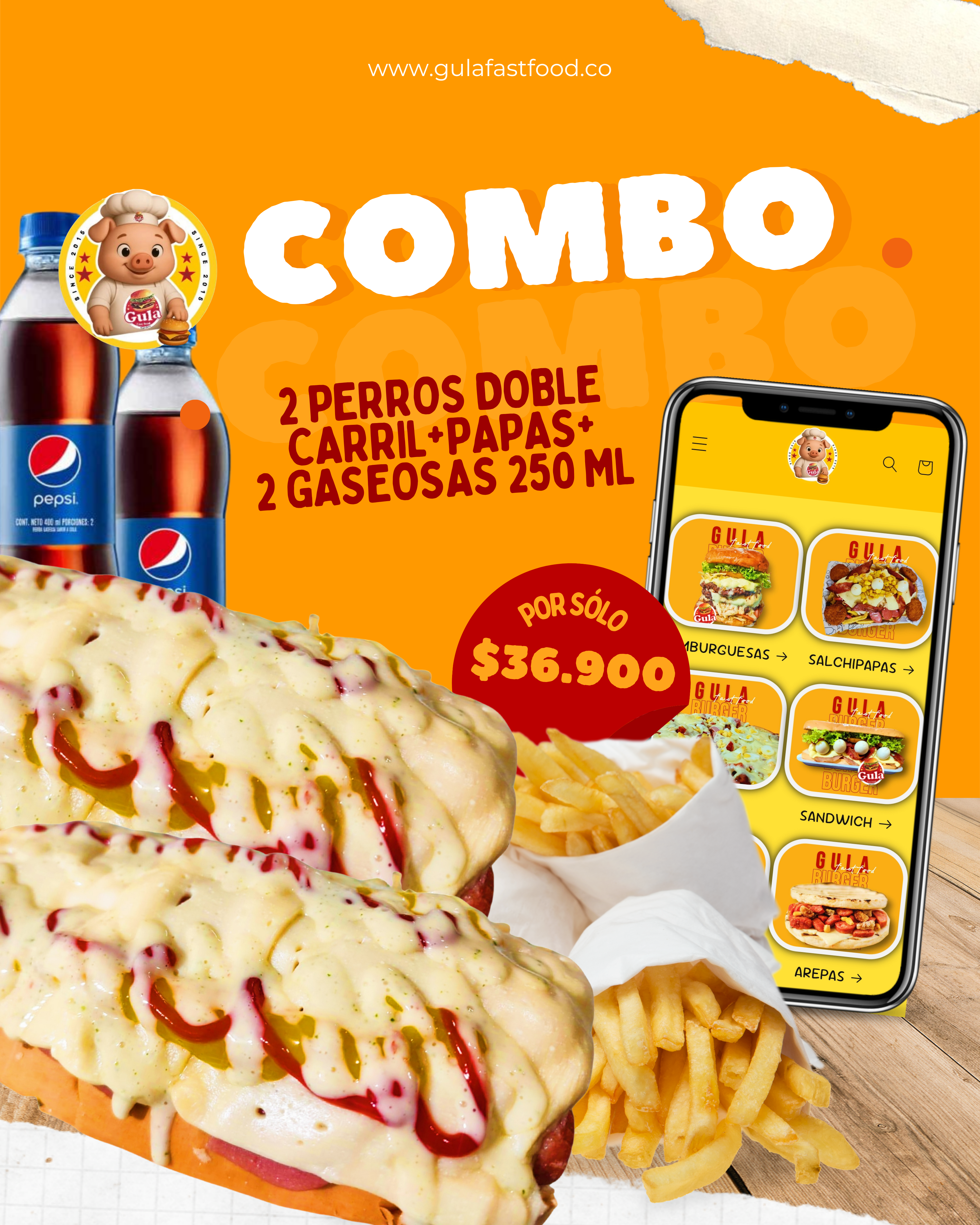 COMBO 2 PERROS DOBLE CARRIL + PAPAS+ 2 GASEOSAS 250ML