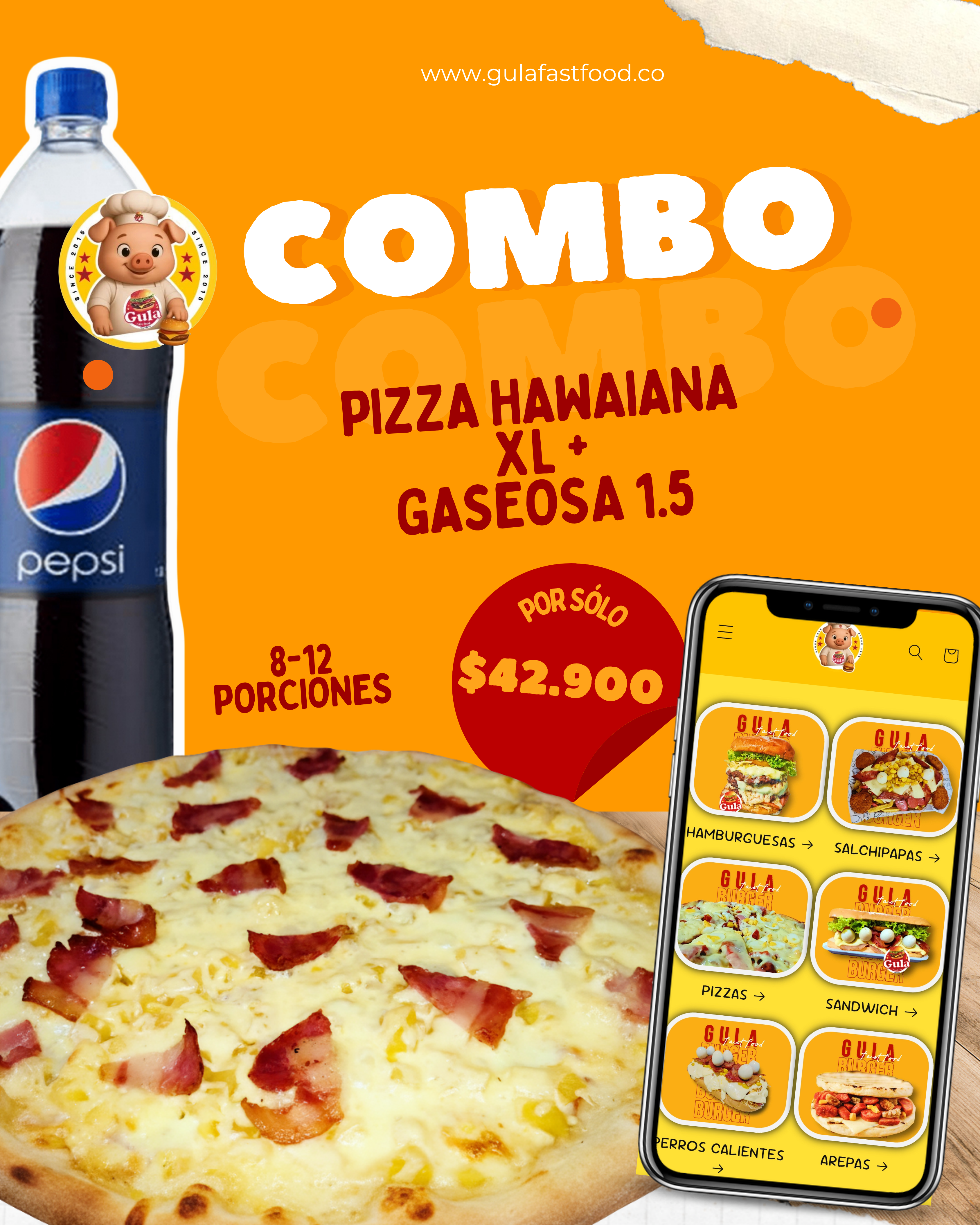 COMBO PIZZA HAWAIANA XL 12 PORCIONES + GASEOSA 1.5