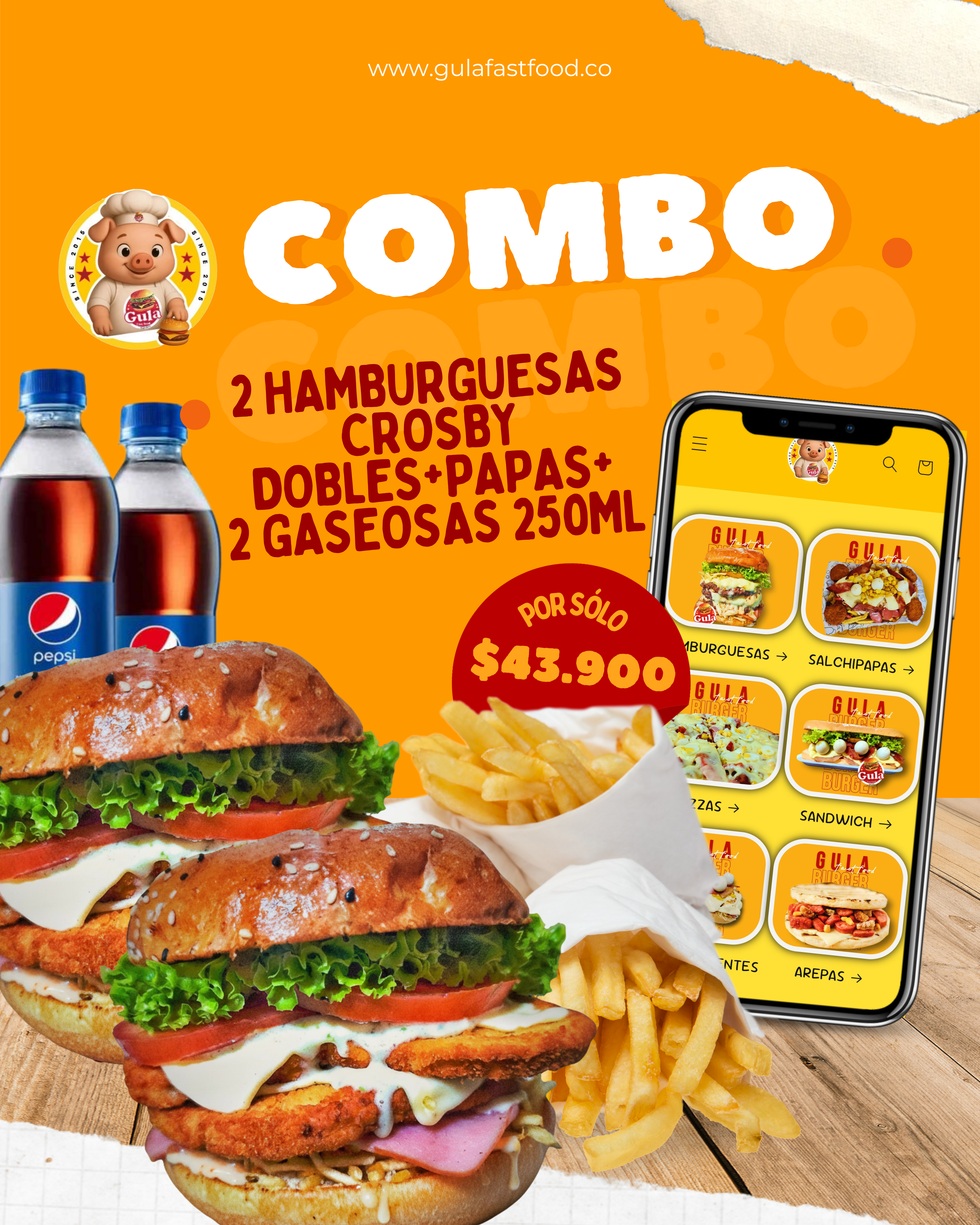 COMBO 2 CROSBY BURGUER DOBLE + PAPAS+ 2 GASEOSAS 250 ML