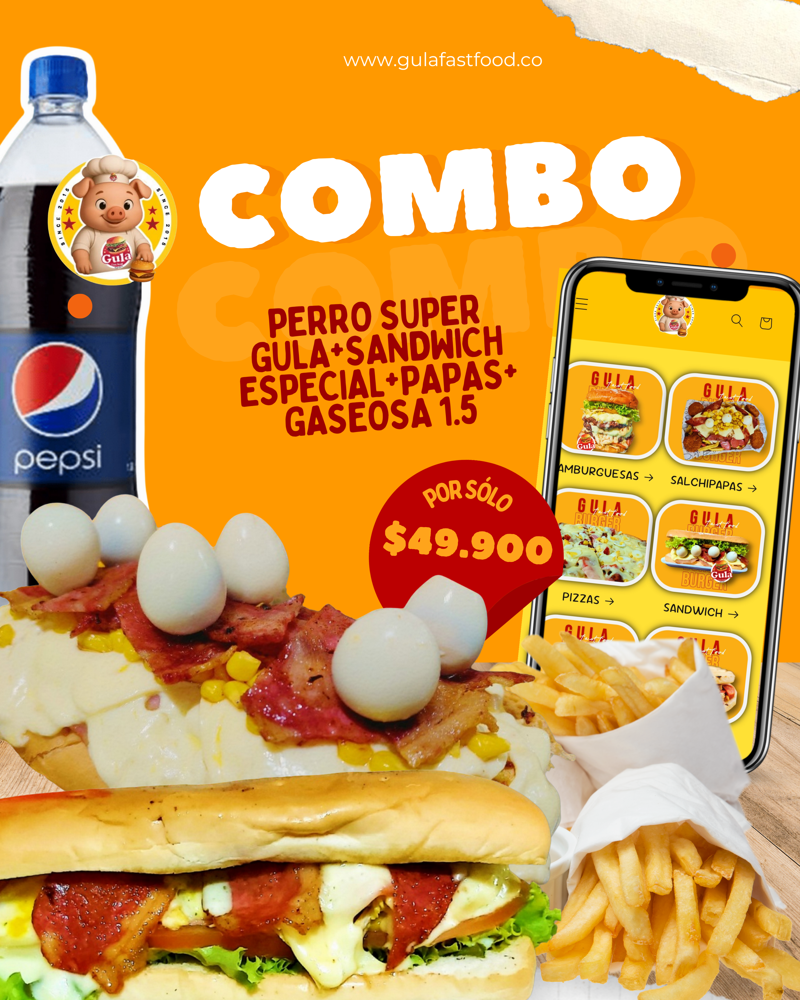 COMBO PERRO SUPERGULA + PAPAS+ GASEOSA 1.5